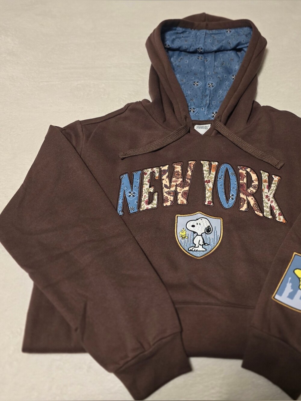 NWT Peanuts Snoopy New York Character Patchwork Destination Hoodie Brown M